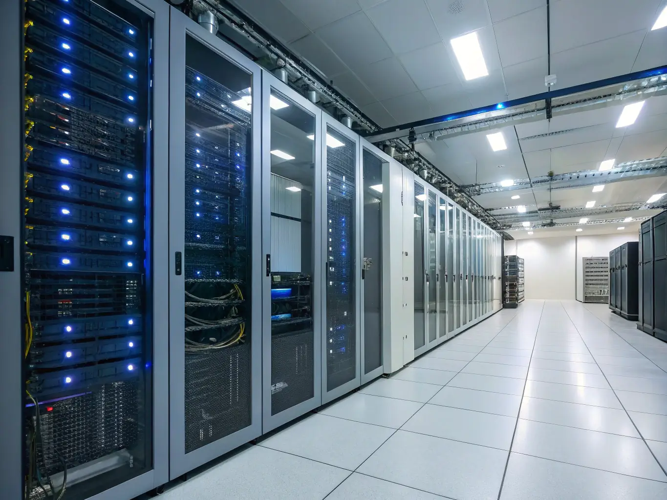 A professional server room with blinking lights and cables, symbolizing robust infrastructure and reliability for business hosting solutions.