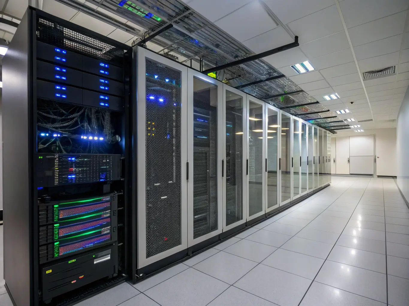 A high-resolution image depicting a server room with advanced cooling systems and blinking lights, symbolizing high performance and reliability.