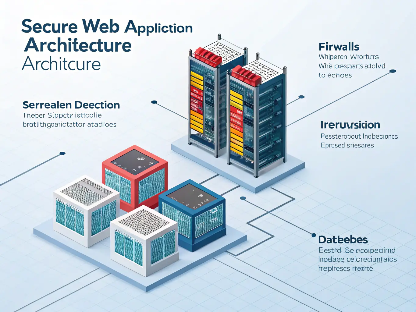 A detailed illustration of a multi-layered security system protecting a website, showcasing firewalls, intrusion detection, and malware scanning.