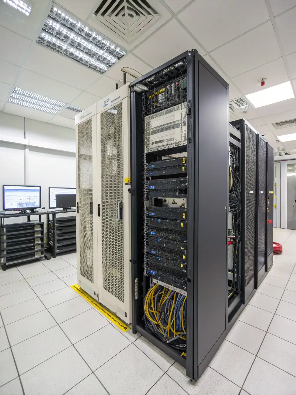 A professional-looking server room with blinking lights and well-organized cables, symbolizing the robust infrastructure of 4dge hosting.